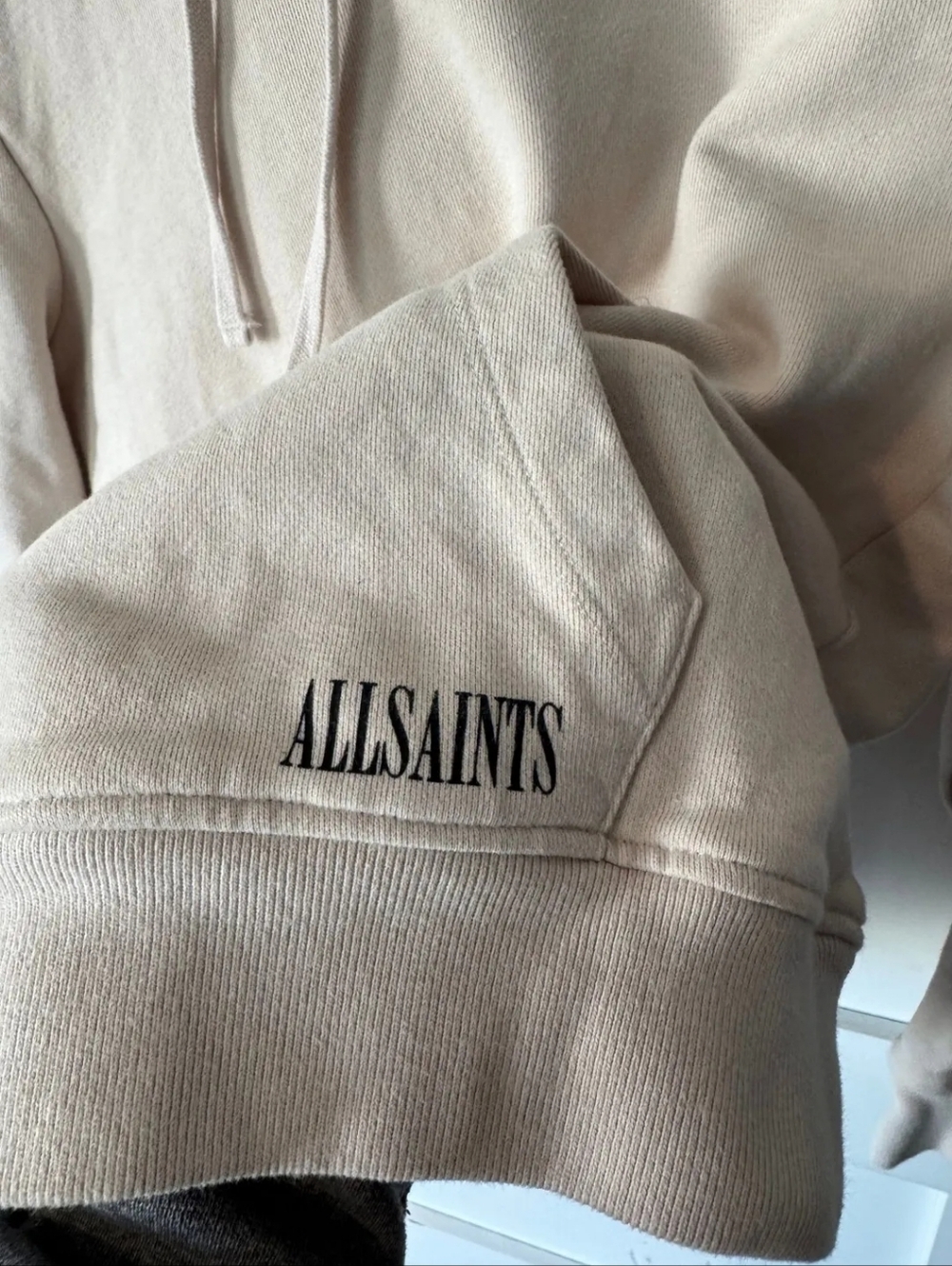 AllSaints Beige Logo Hoodie Pullover Sweatshirt Size Small Neutral Minimalist - Picture 6 of 6